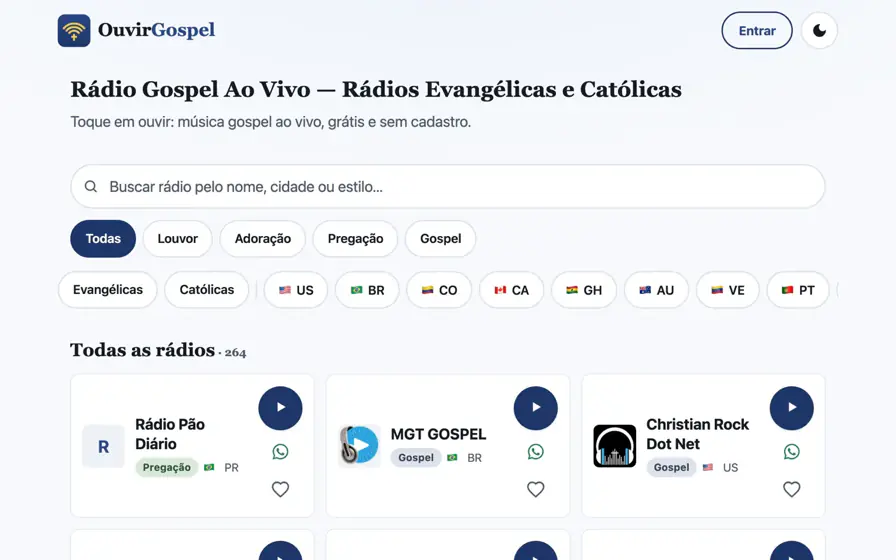 OuvirGospel home page on desktop — search, style and country filters, and the station grid