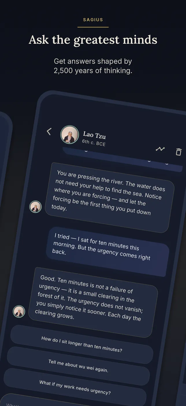 Sagius on iPhone — chat with a philosopher mentor