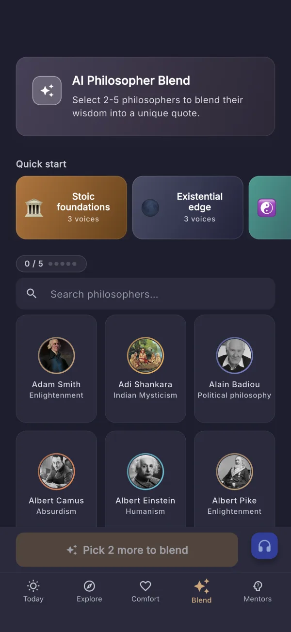 Sagius on iPhone — AI philosopher blend (dark mode)