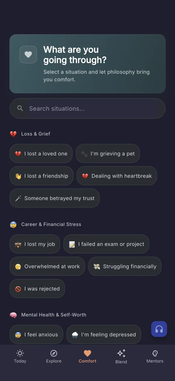Sagius on iPhone — comfort by situation (dark mode)