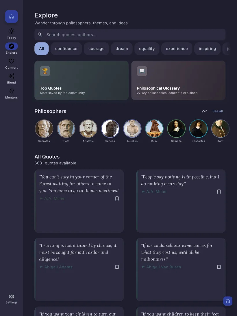Sagius on iPad — explore philosophers (dark mode)