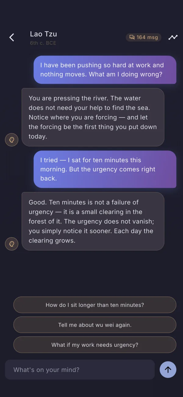 Sagius on iPhone — conversation with a philosopher mentor (dark mode)