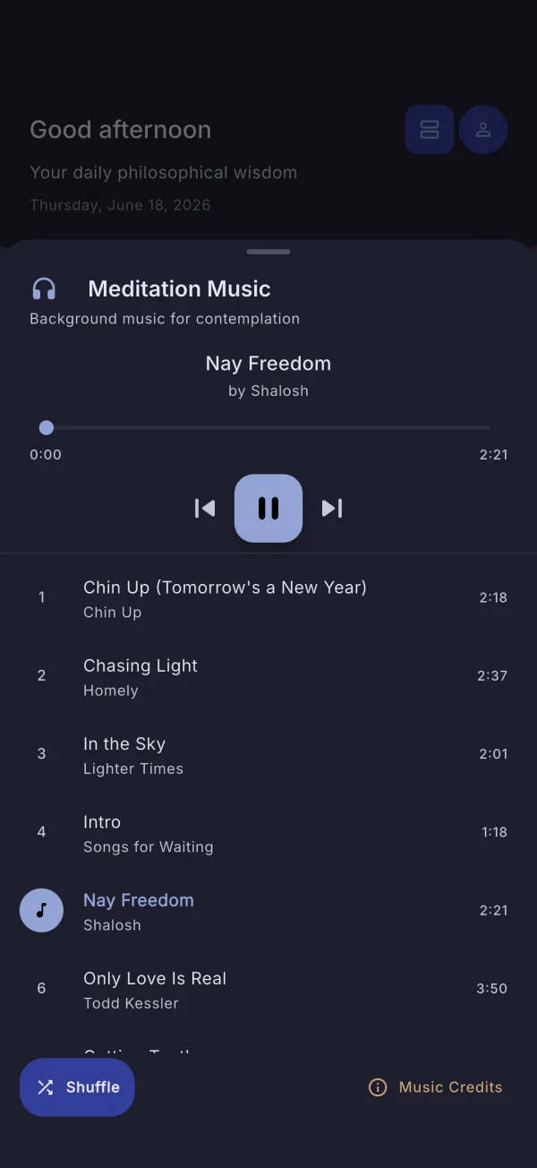 Sagius on iPhone — meditation music (dark mode)