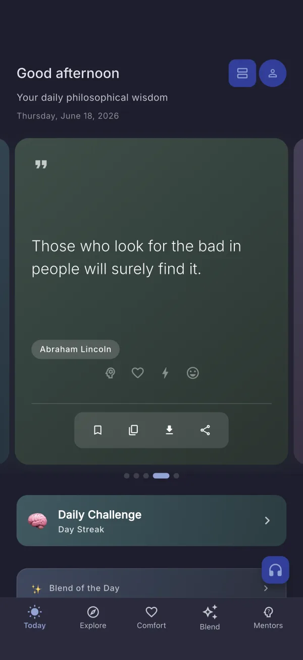 Sagius on iPhone — daily quote (dark mode)
